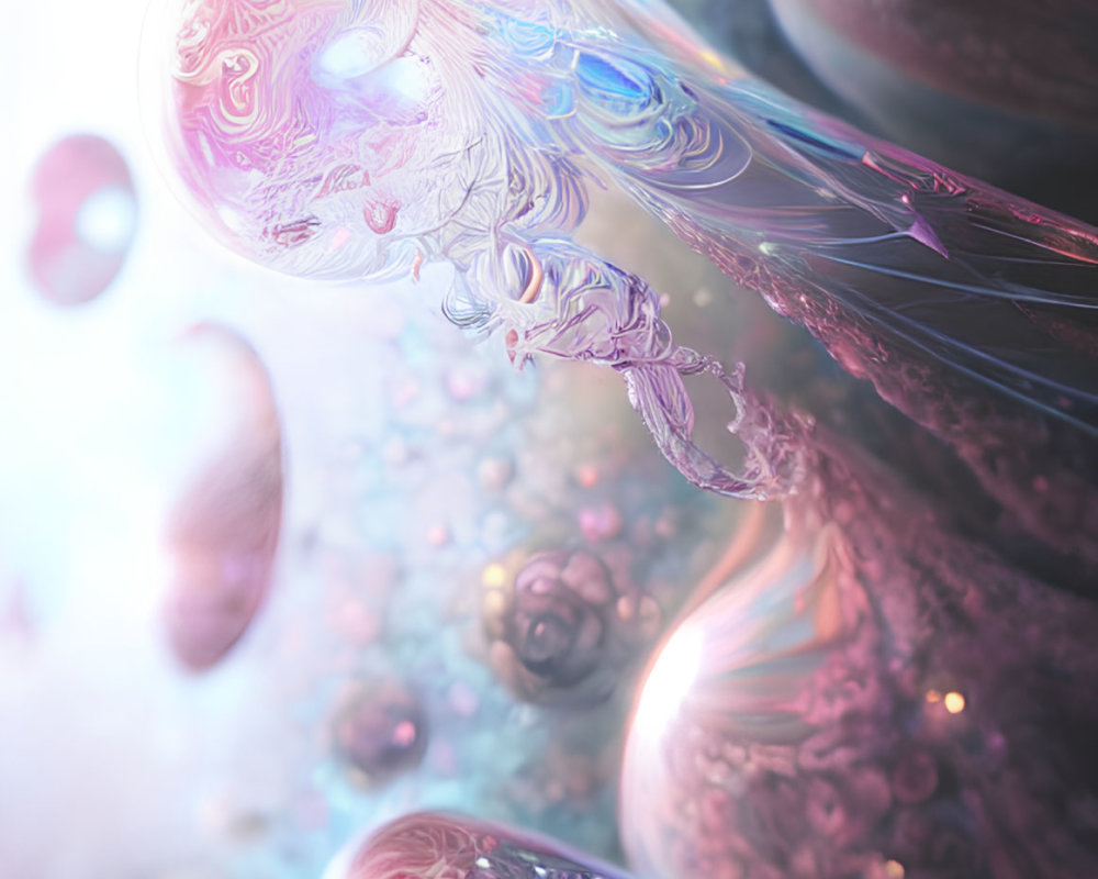 3D-rendered surreal image: Metallic, organic shapes with intricate patterns in pink and purple palette