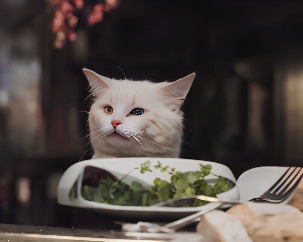 White cat with blue eyes dining at table with greens and bread