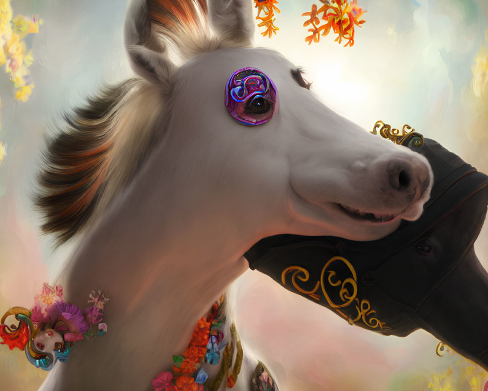 Colorful Smiling Horse Illustration with Fairy and Autumn Leaves