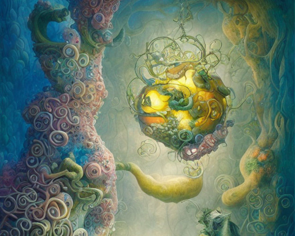 Vibrant coral structures, whimsical machine, fish, and serene mermaid in underwater scene