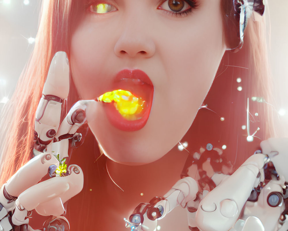 Luminescent-eyed woman with robotic hand in amber glow amidst bubbles and bokeh