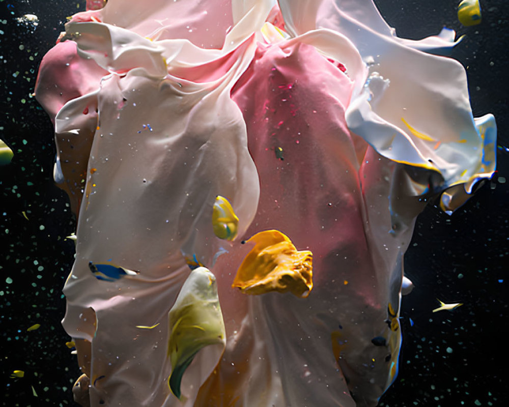 Abstract Pink and White Object Surrounded by Bubbles and Fragments Underwater