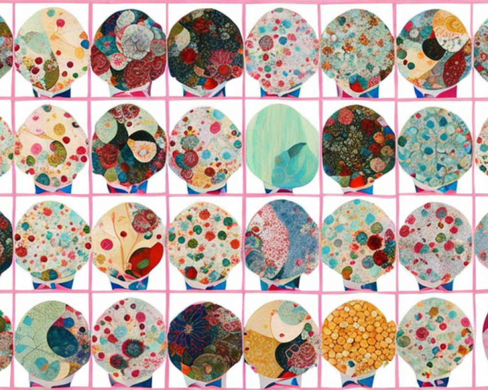 Colorful Round Abstract Artworks with Floral Motifs in Grid Display