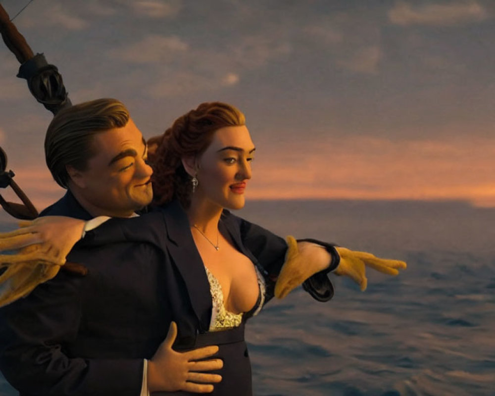 Animated characters embrace on ship bow at sunset