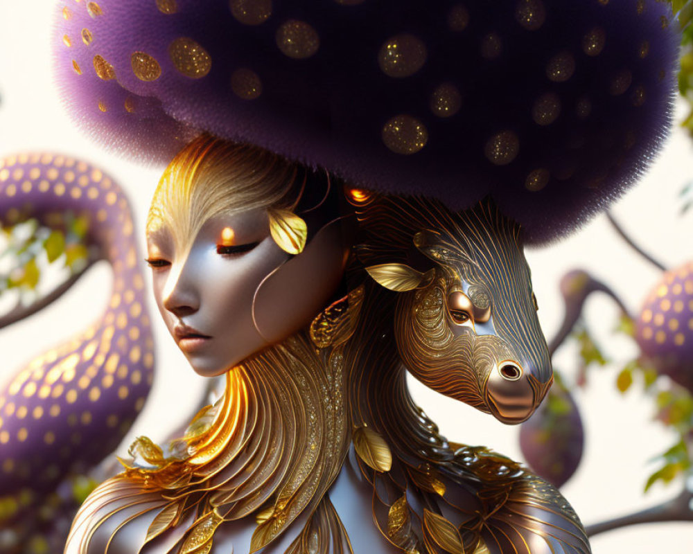 Digital artwork of female figure in golden armor with ornate headdress