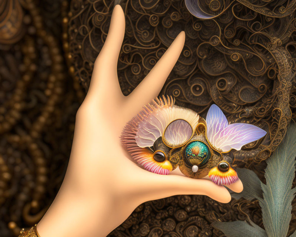 Detailed Hand with Butterfly and Ornate Jewelry on Golden Patterned Background