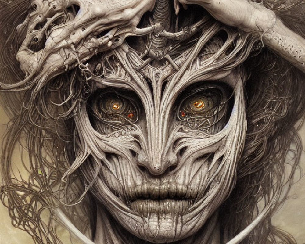 Detailed fantasy illustration: humanoid creature with bone and root-like textures, orange eyes, twisted organic crown