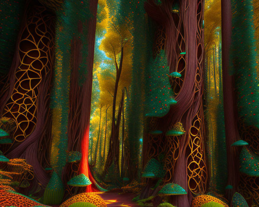Enchanted forest with towering patterned trees and glowing golden canopy