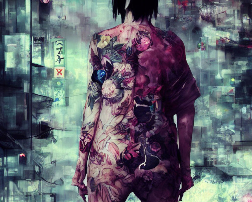 Elaborate full-body tattoo in futuristic urban alley