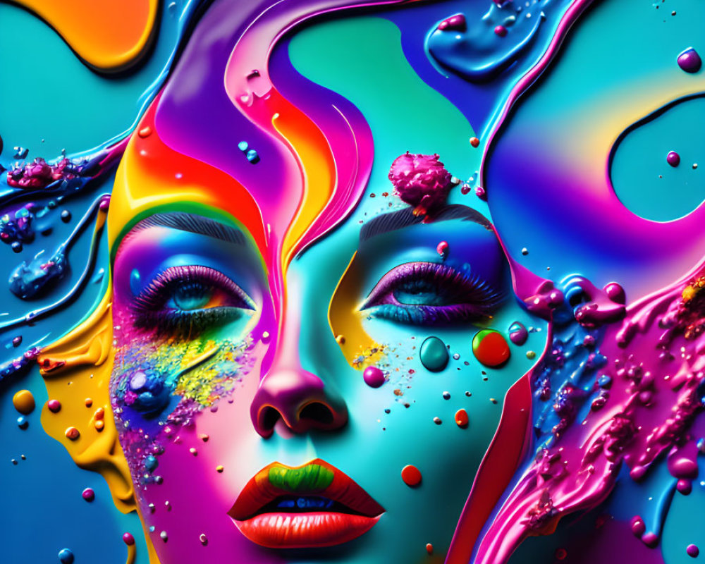 Colorful digital artwork of woman's face with liquid swirls and droplets