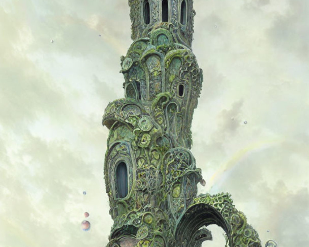 Fantasy painting: Ornate tower with arches, embellishments, colorful orbs, cloudy sky