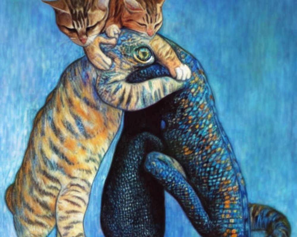 Colorful Painting of Three Stylized Cats in Unique Pose