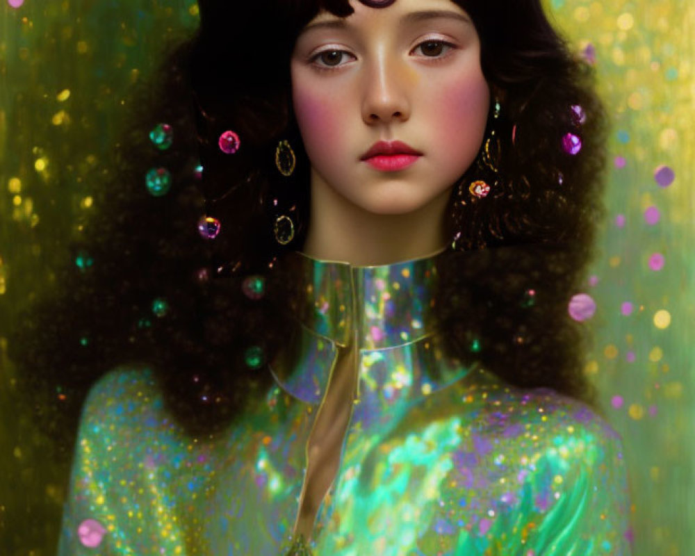 Dark Curly-Haired Woman in Green Outfit with Glossy Makeup on Glittery Gold Background