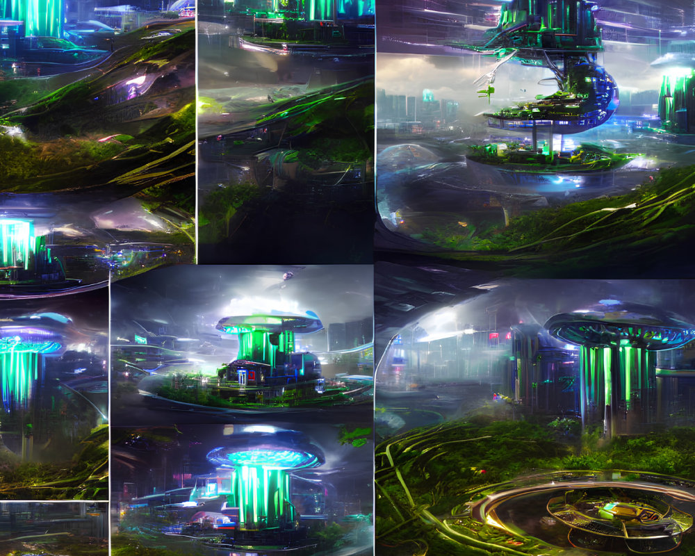 Futuristic cityscape collage with neon-lit structures and greenery