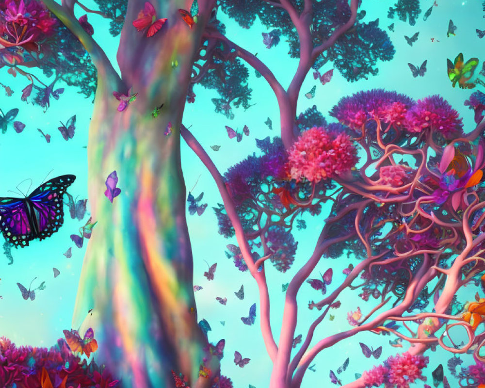 Multicolored Fantasy Forest with Butterflies and Pink Flora