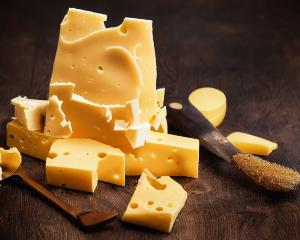 Assorted Swiss Cheese with Holes on Dark Wood Background