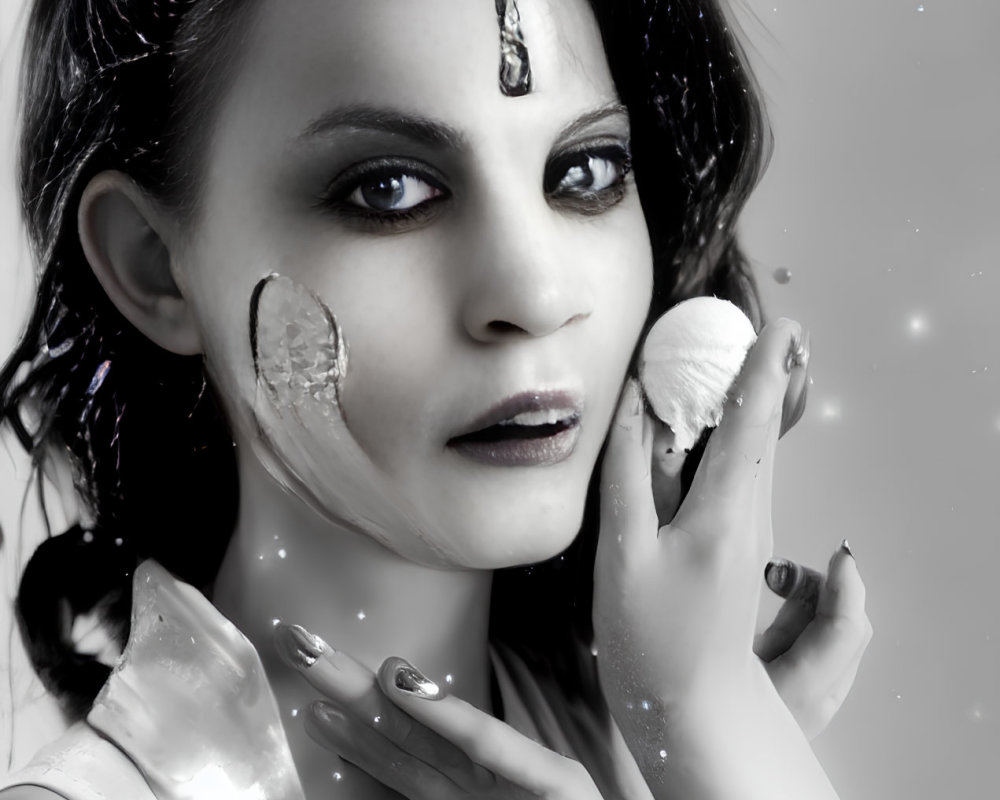 Monochromatic portrait of woman with dramatic makeup holding seashell