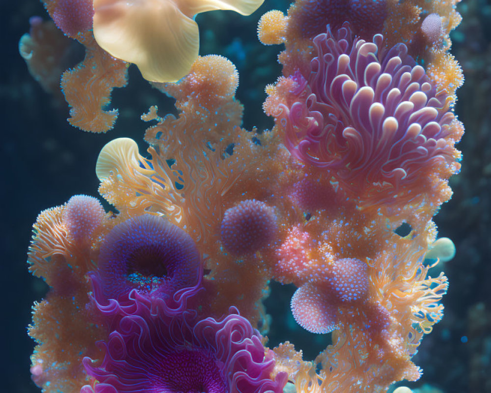 Colorful Sea Anemones in Orange, Yellow, and Purple Amid Underwater Bubbles