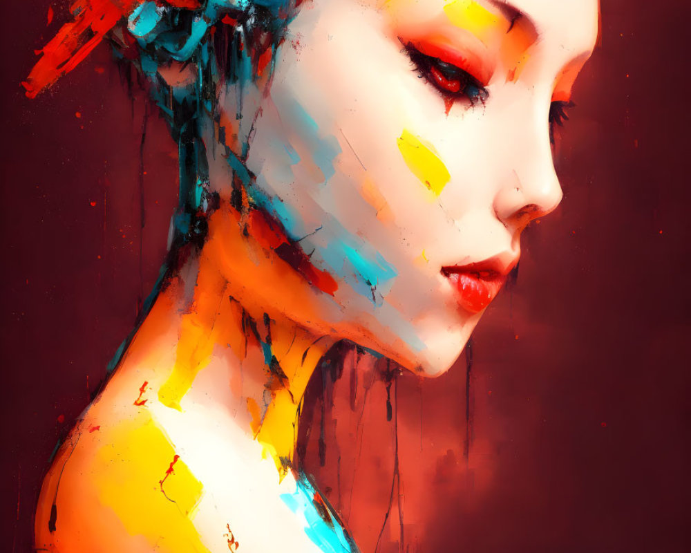 Vivid Red and Yellow Paint Strokes on Woman in Digital Portrait