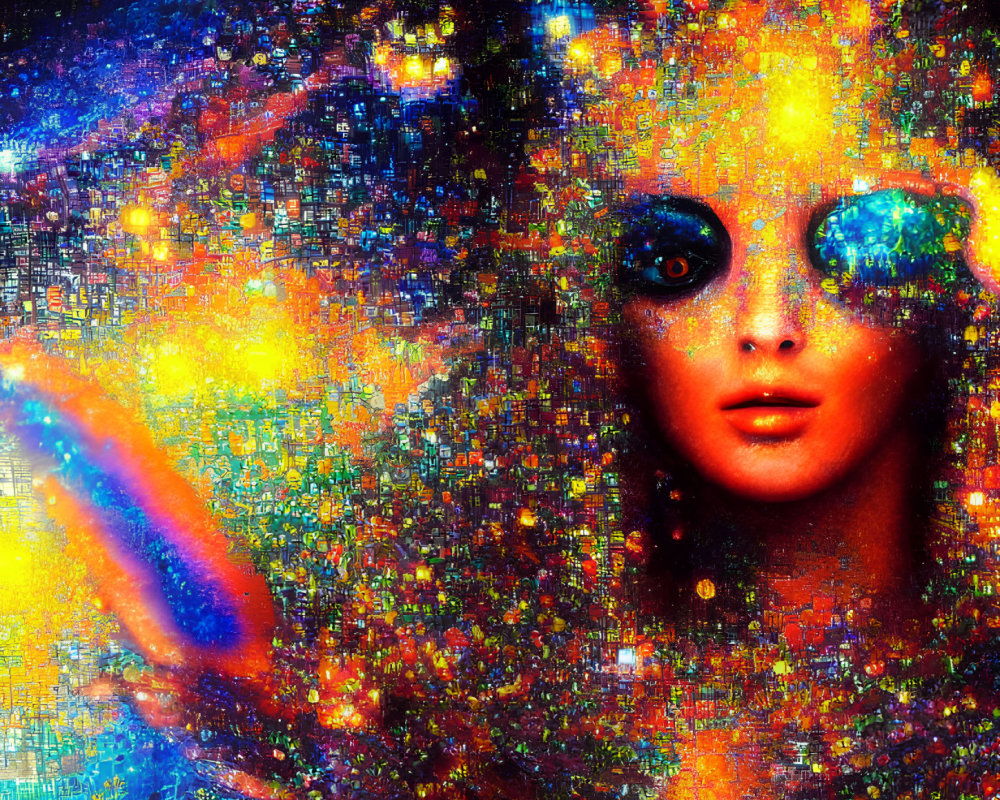 Colorful digital mosaic artwork featuring a woman's face with large blue eyes against a cosmic backdrop