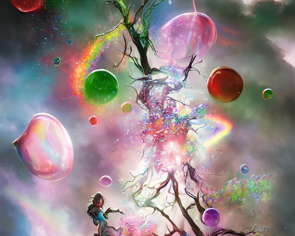 Fantastical glowing tree with vibrant leaves in starry cosmos