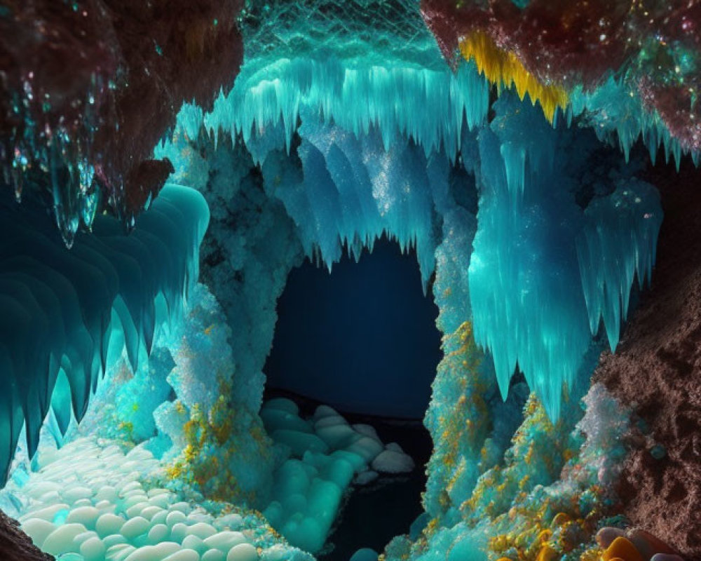 Colorful Cave with Sparkling Walls, Icicles, and Orbs