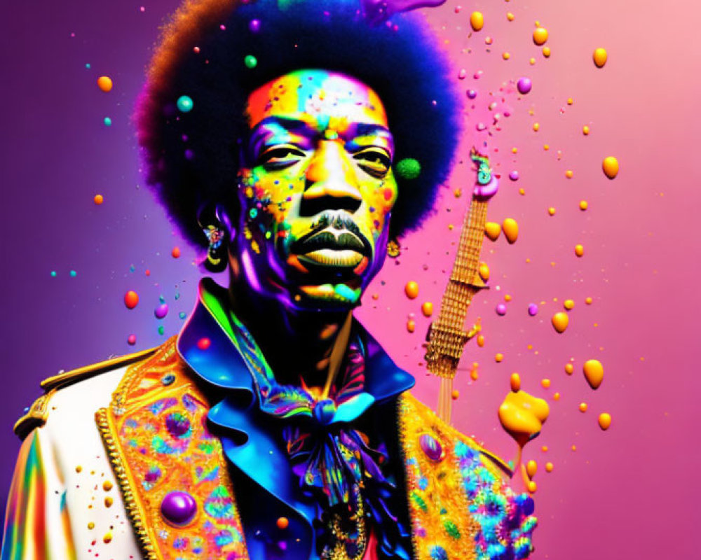 Colorful Afro Portrait with Psychedelic Splash Effect and Guitar Imagery