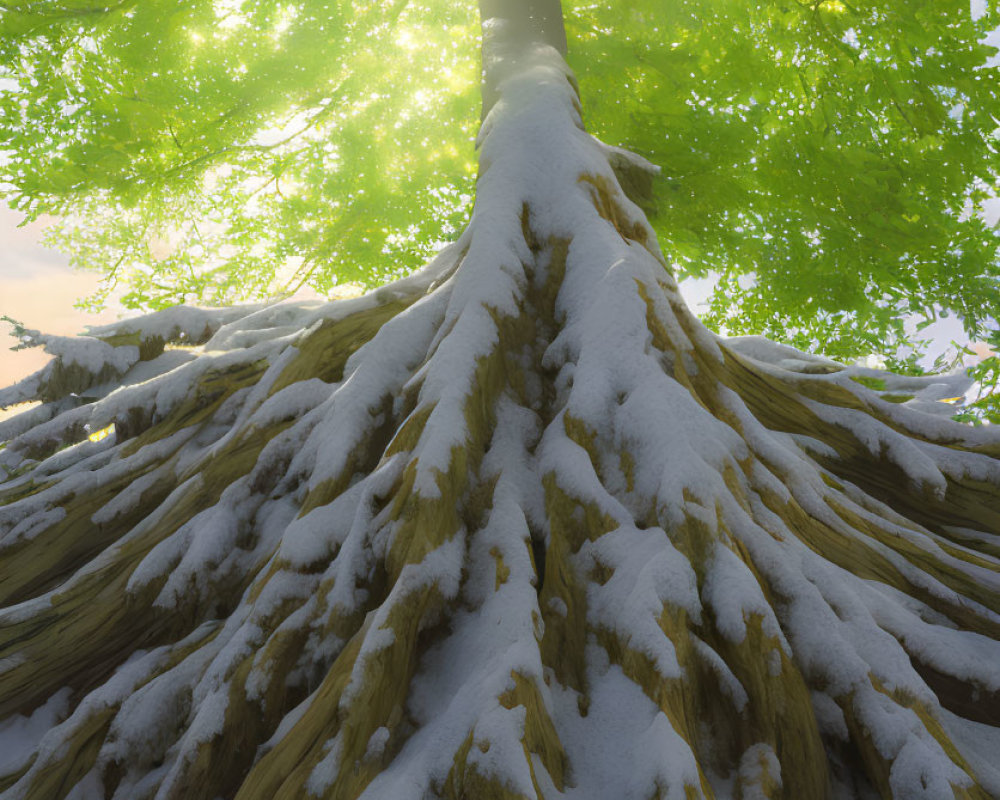 Vibrant green leaves and snow-covered roots under sunlight