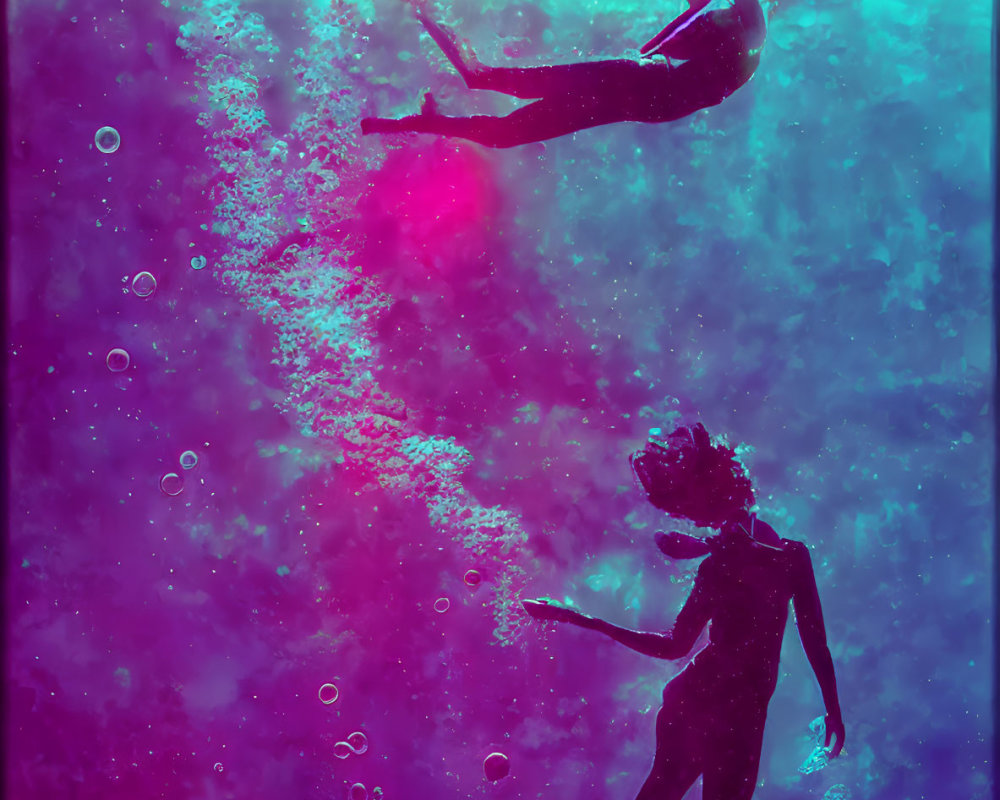 Underwater free divers surrounded by bubbles in purple to blue gradient