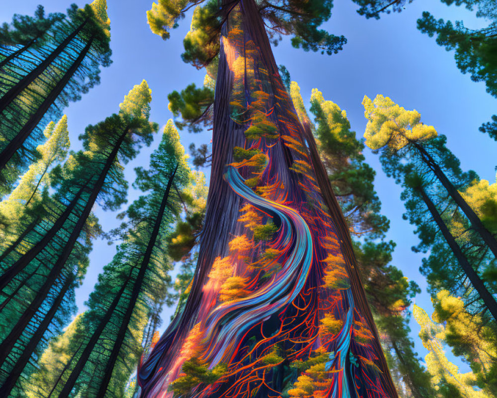 Digitally altered vibrant tree with colorful patterns among green forest