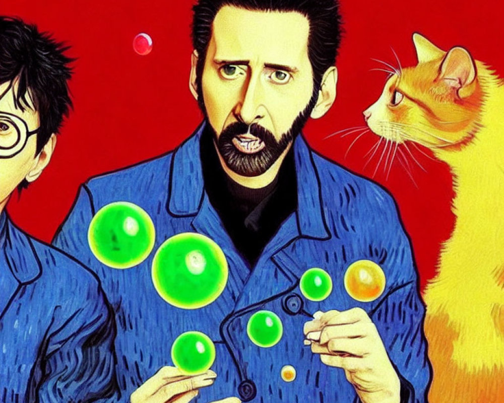 Colorful illustration of two men, an orange cat, and bubbles on red background