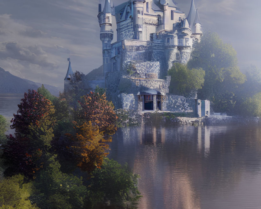 Majestic fairytale castle with spires mirrored in serene lake