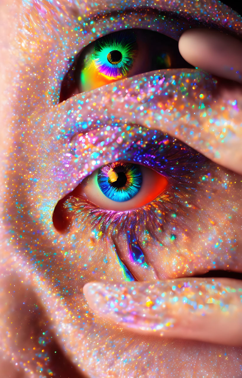 Close-up of vibrant, multicolored iris with glitter-covered skin.