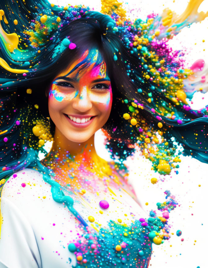 Vibrant woman with colorful paint splashes and white top