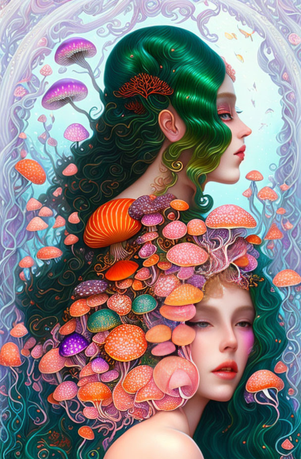 Colorful illustration: Two women with green hair and whimsical mushrooms