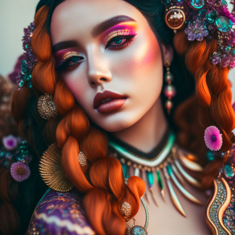 Woman with Vibrant Makeup, Intricate Hairstyle, and Ornate Jewelry