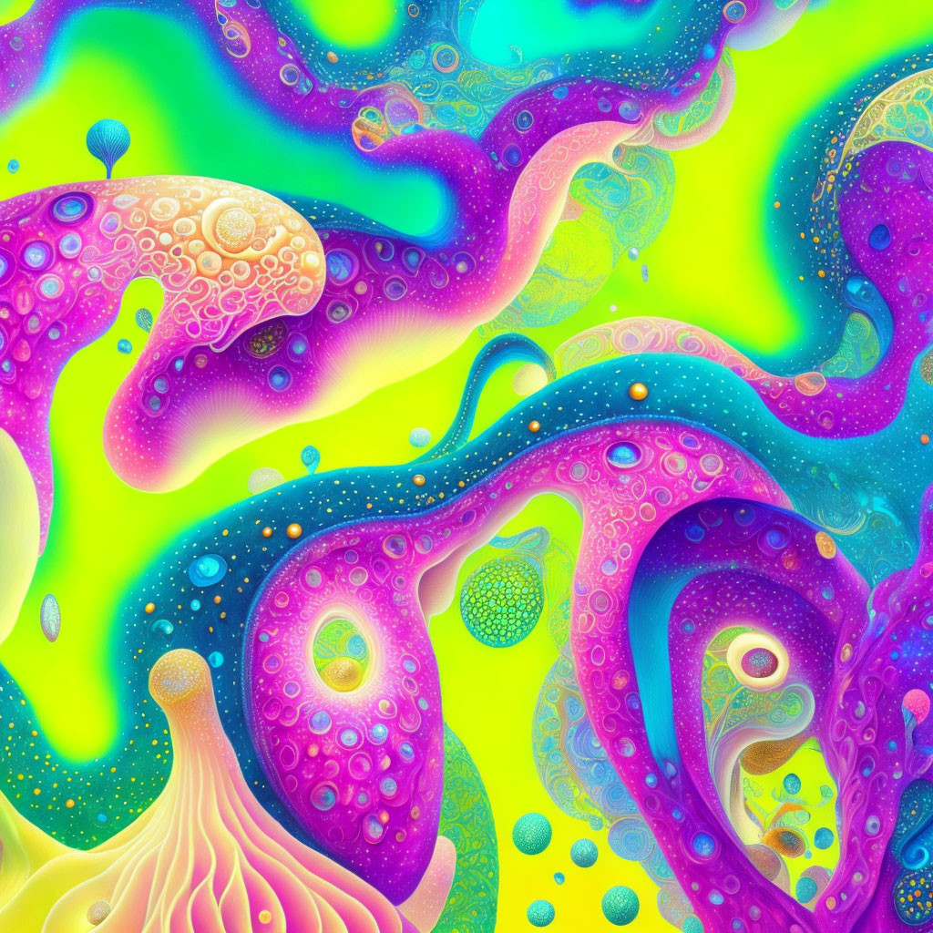 Colorful digital abstract art with swirling psychedelic patterns in pink, purple, yellow, and green.