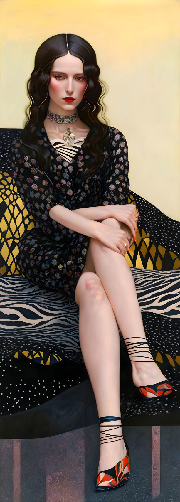 Digital painting of woman with pale skin and dark hair in black lace dress on patterned couch