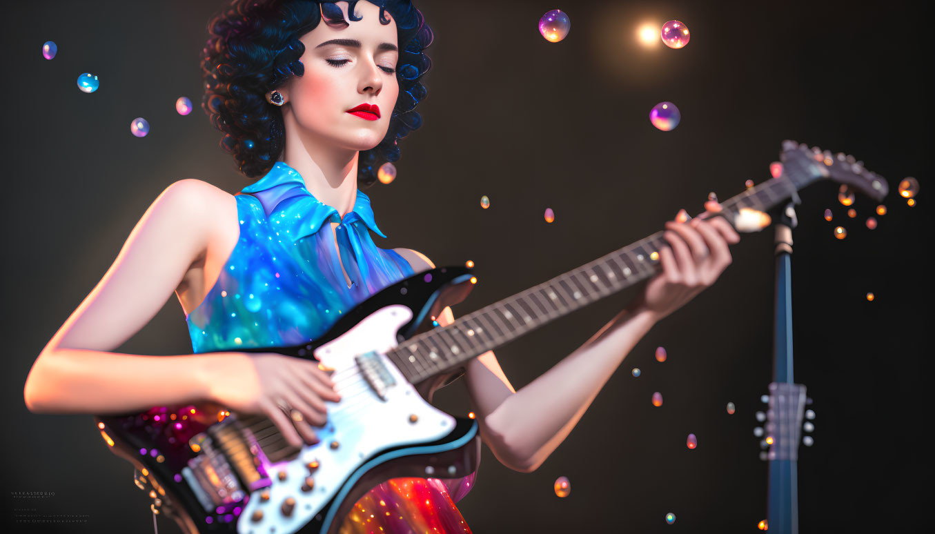 Blue-haired woman playing electric guitar surrounded by colorful bubbles