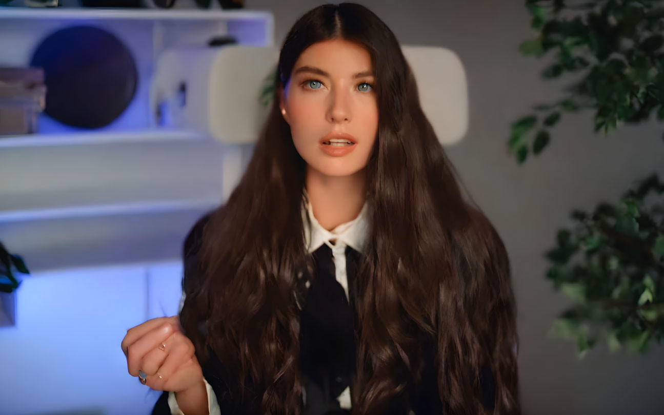 Young woman with long brown hair and blue eyes in white shirt and black tie sitting in room with book