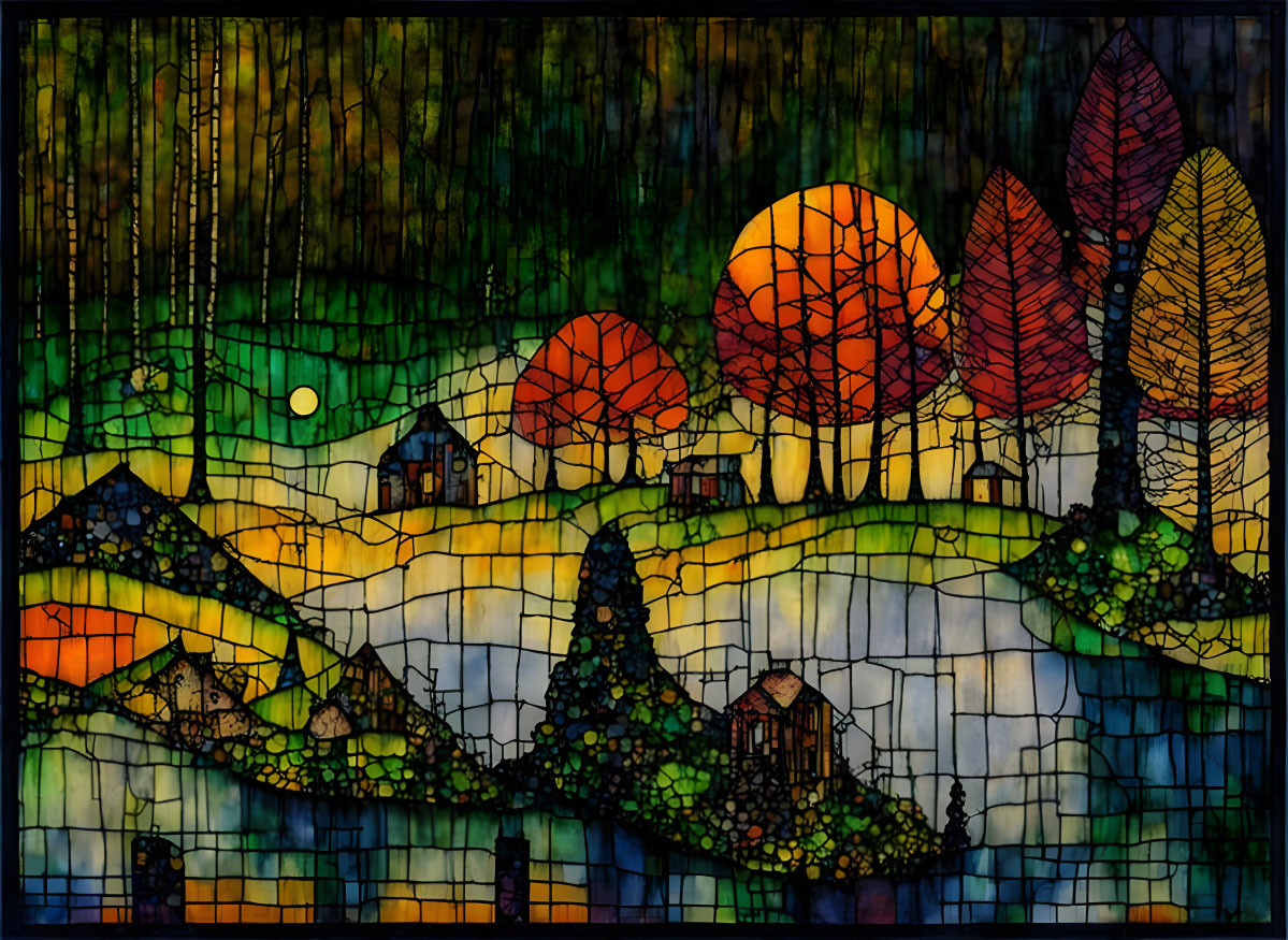 Colorful Stained Glass Art: Countryside Landscape with Houses, Trees, Hills, Sunrise or Sunset