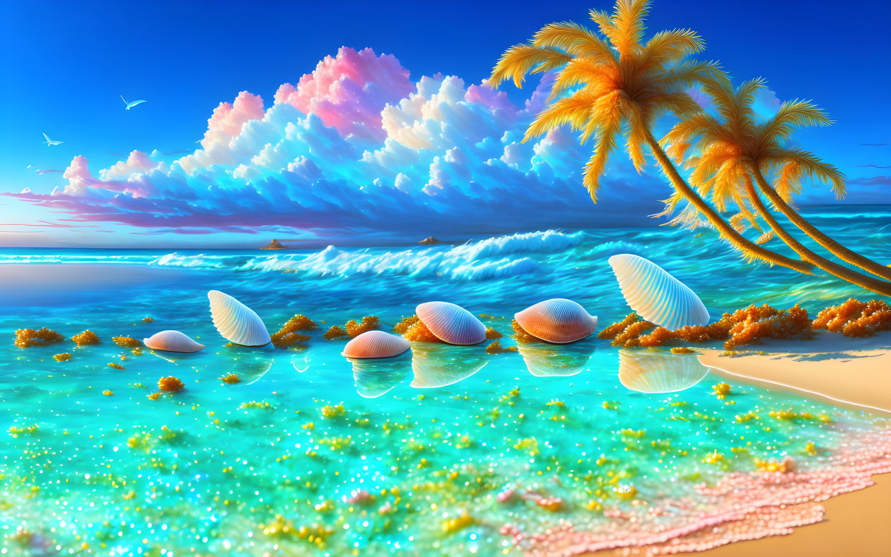 Azure waters, seashells, palm trees, and fluffy clouds on a sparkling shore