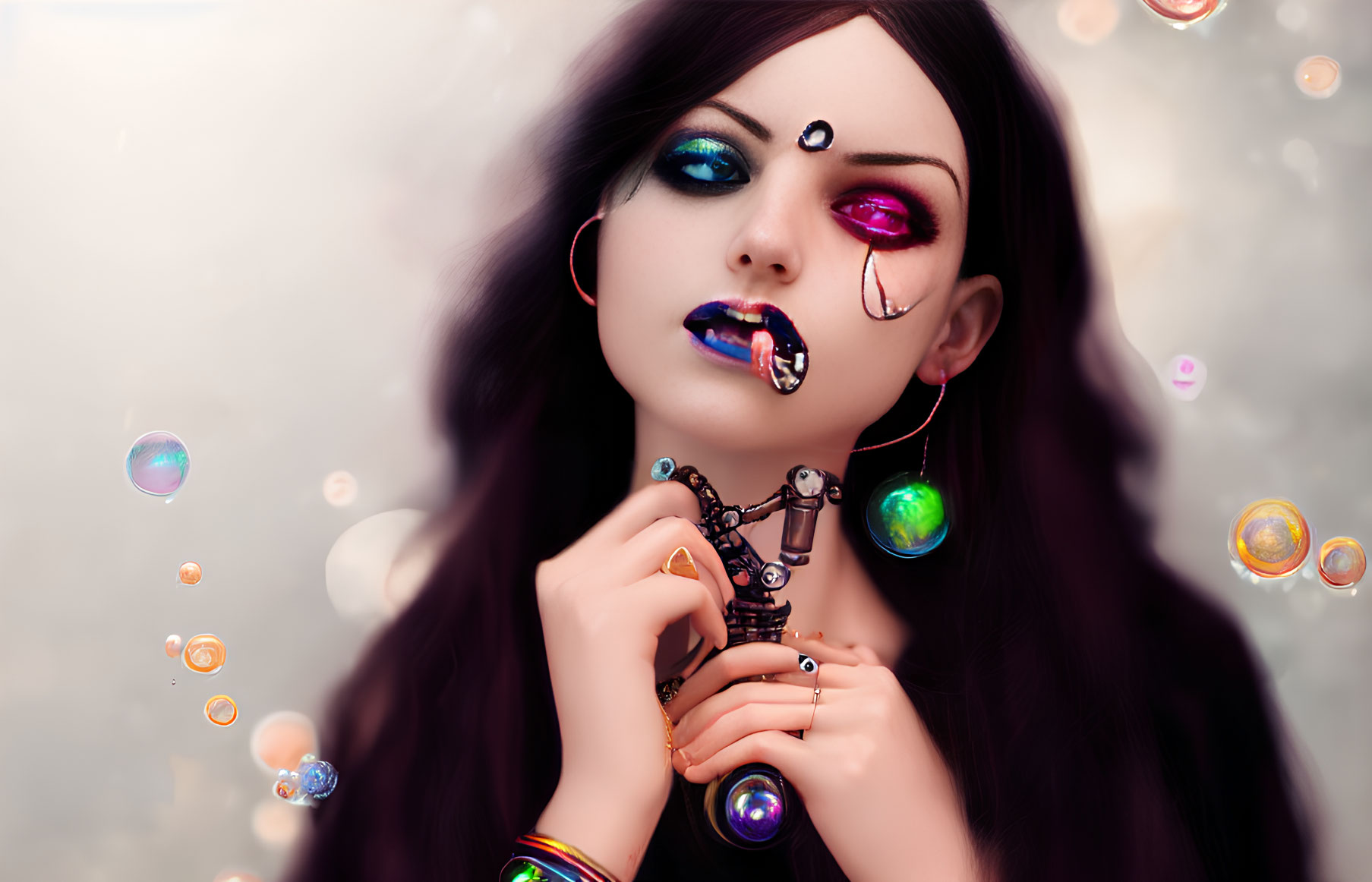 Dark-haired woman with vibrant makeup and unique jewelry in digital art.