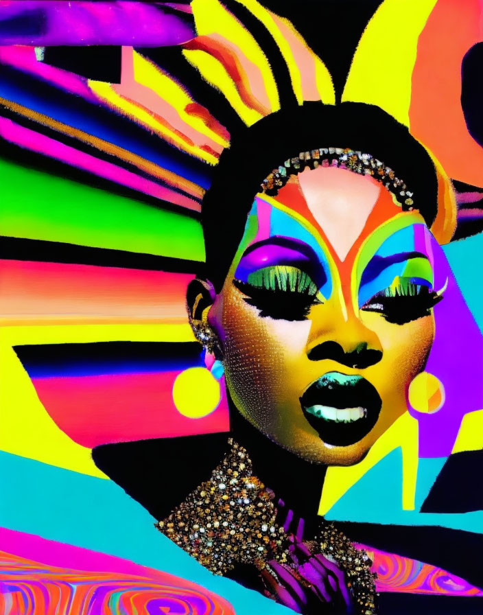 Colorful digital artwork featuring person with exaggerated makeup and accessories