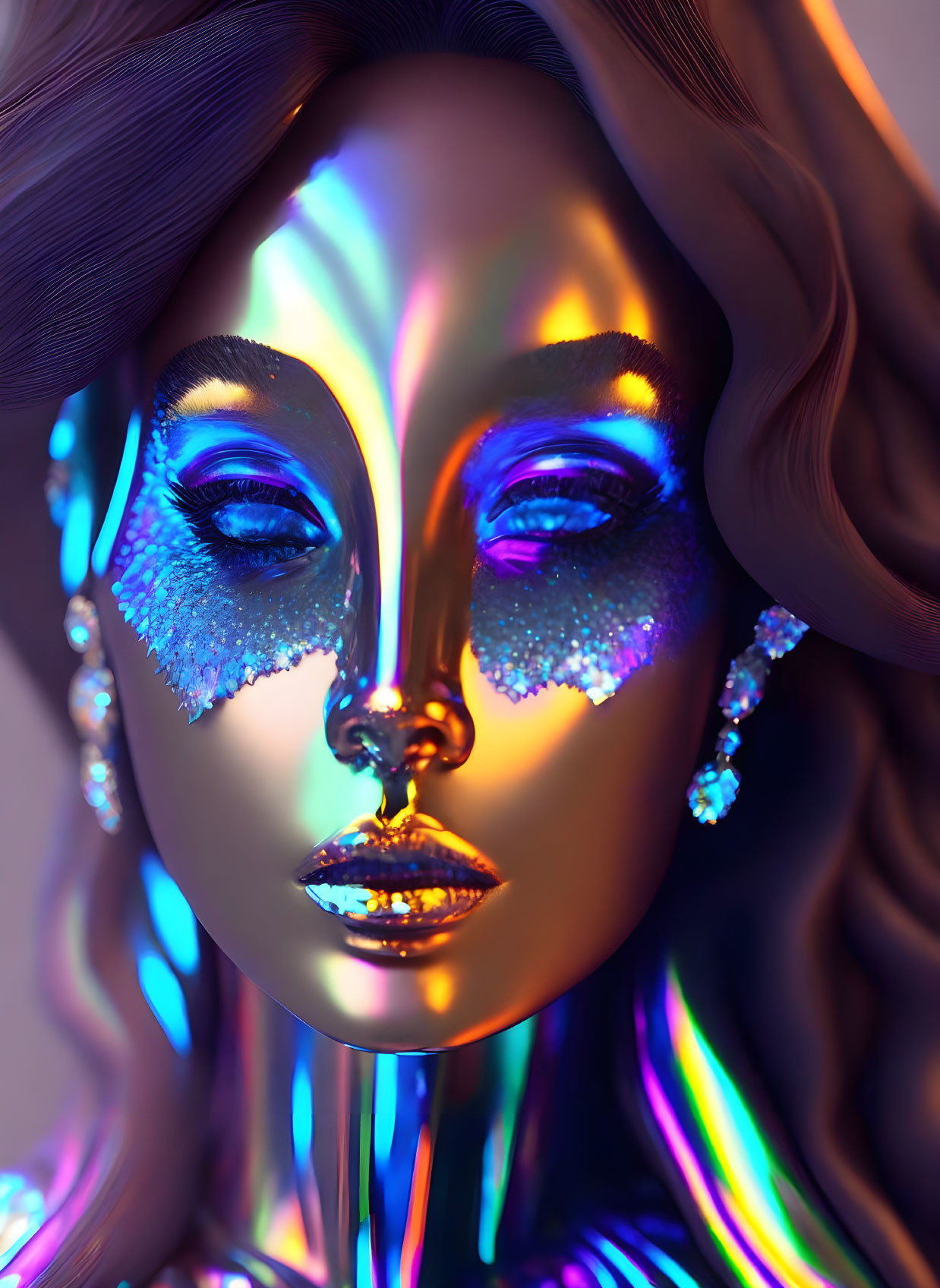 Iridescent Woman Portrait with Shimmering Makeup and Wavy Hair