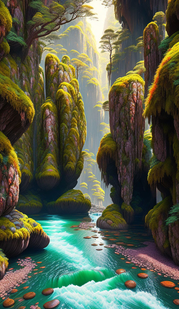 Fantasy forest with cliffs, river, and stepping stones