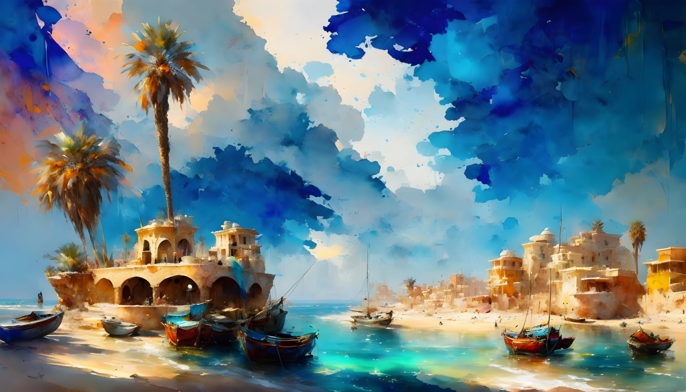 Vibrant impressionistic coastal scene with palm trees and colorful boats