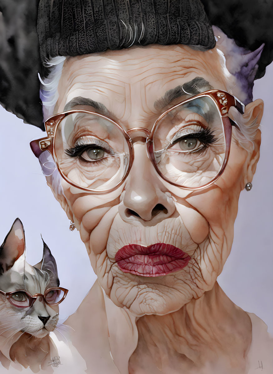 Elderly woman and cat in stylish glasses and hat illustration