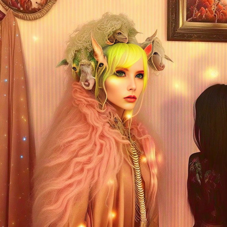 Person with elfin features and neon yellow hair with surreal goats resting on head