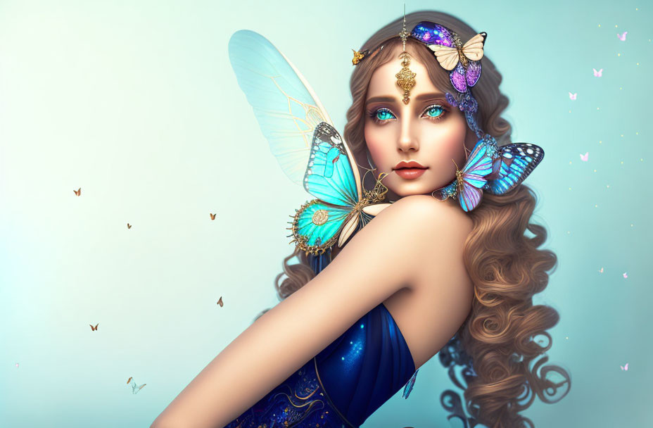 Fantasy image of a woman with butterfly wings and colorful butterflies in her hair.